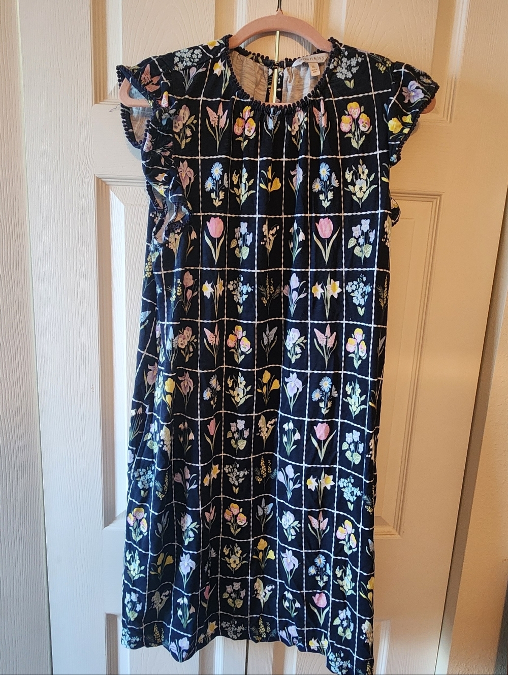 Navy Floral Grid Mini Dress with Ruffle Cap Sleeves